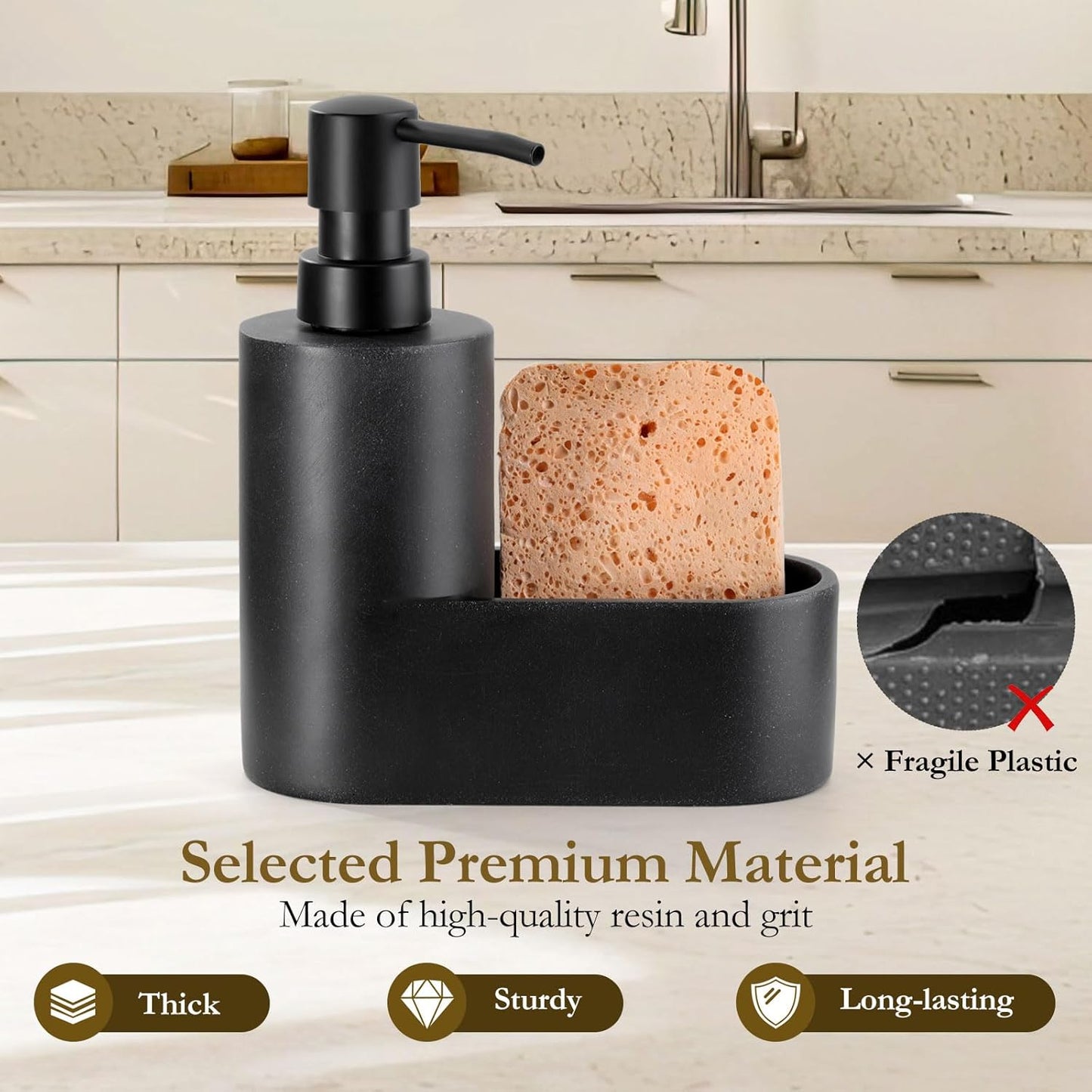 Shinowa Dish Soap Dispenser with Sponge Holder, Refillable Kitchen Dish Soap Dispenser Pump, 2-in-1 Countertop Soap Pump Dispenser for Kitchen Sink and Bathroom, Gravel Black