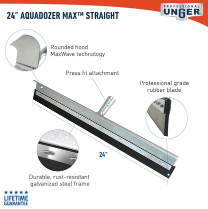 Unger Professional AquaDozer MAX 24” Smooth Surface Straight Floor Squeegee, Flood Cleanup Scrubber for Floors and Asphalt, Cleaning Tool to Easily Move Water and Debris