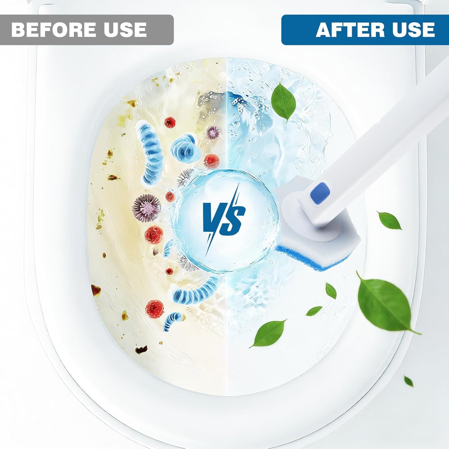 Disposable Toilet Brush Set with Holder, White and Blue, Includes 16 Cleaning Refills (1+16 Refills)