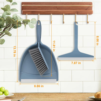 Small Hand Broom with Dustpan Combo Set,Mini Dust Pan and Brush Set with a Scraper Squeegee for Quick Cleanups,3-Piece Wall Mountable Cleaning Tools for Particles,Little Messes,Hair,Crumb