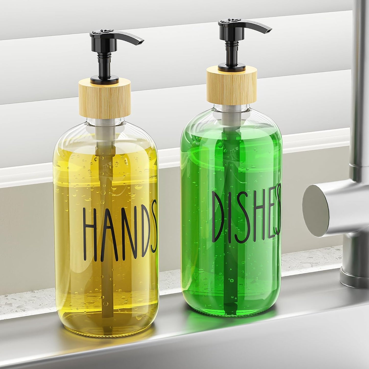 Cisily Kitchen Dish Soap Dispenser Set with 2 Pack 16.9oz Black Glass Bottle and Sponge Holder, Dish Soap Dispensers with Adjustable Sponge Holder, Vintage Hand and Dish Soap Dispensers Set