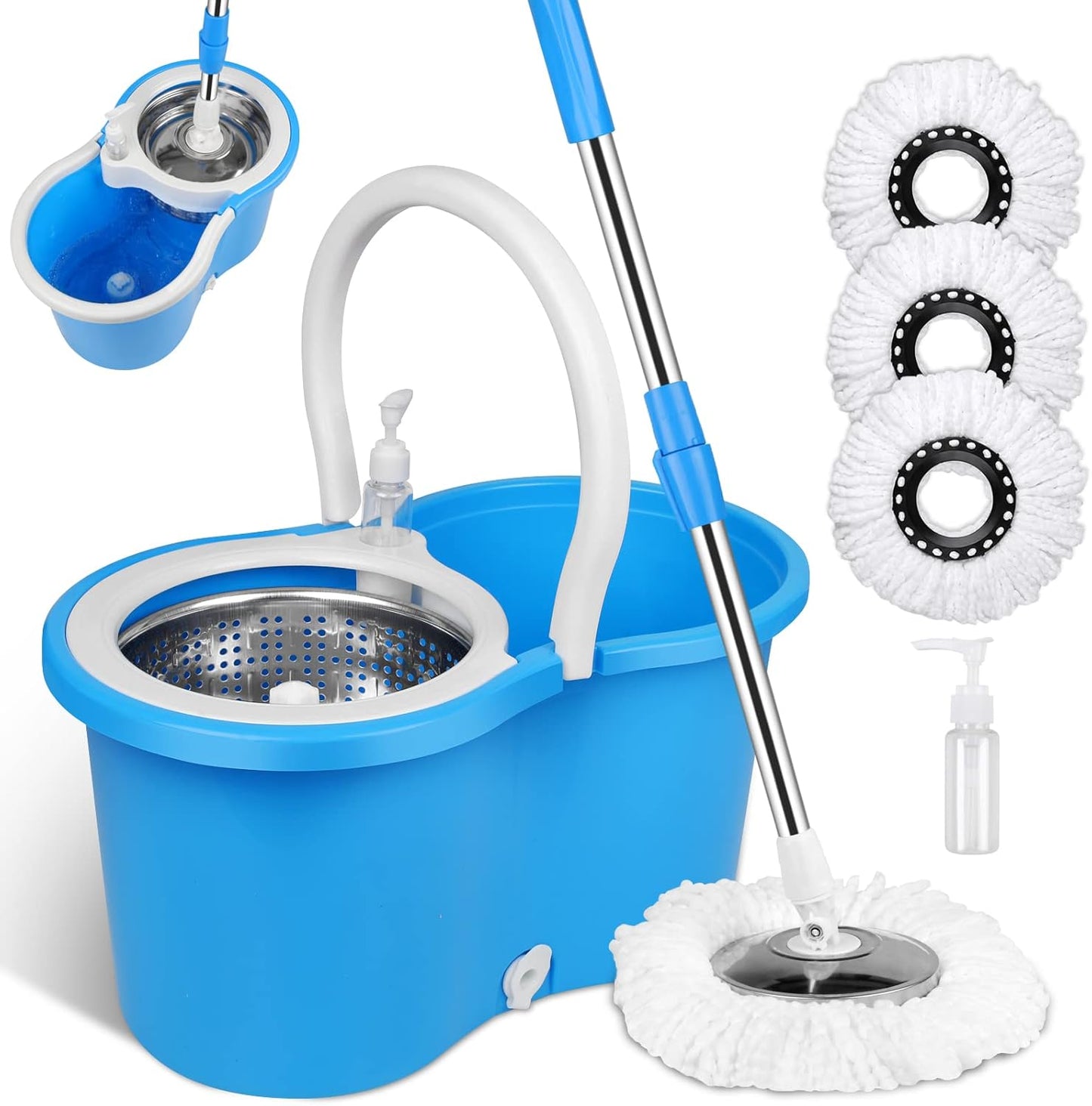 Spin Mop and Bucket with Wringer Set, 360° Spinning Mop Bucket System with 3 Microfiber Mop Replacement Heads, Adjustable Handle for Floor Cleaning (red)