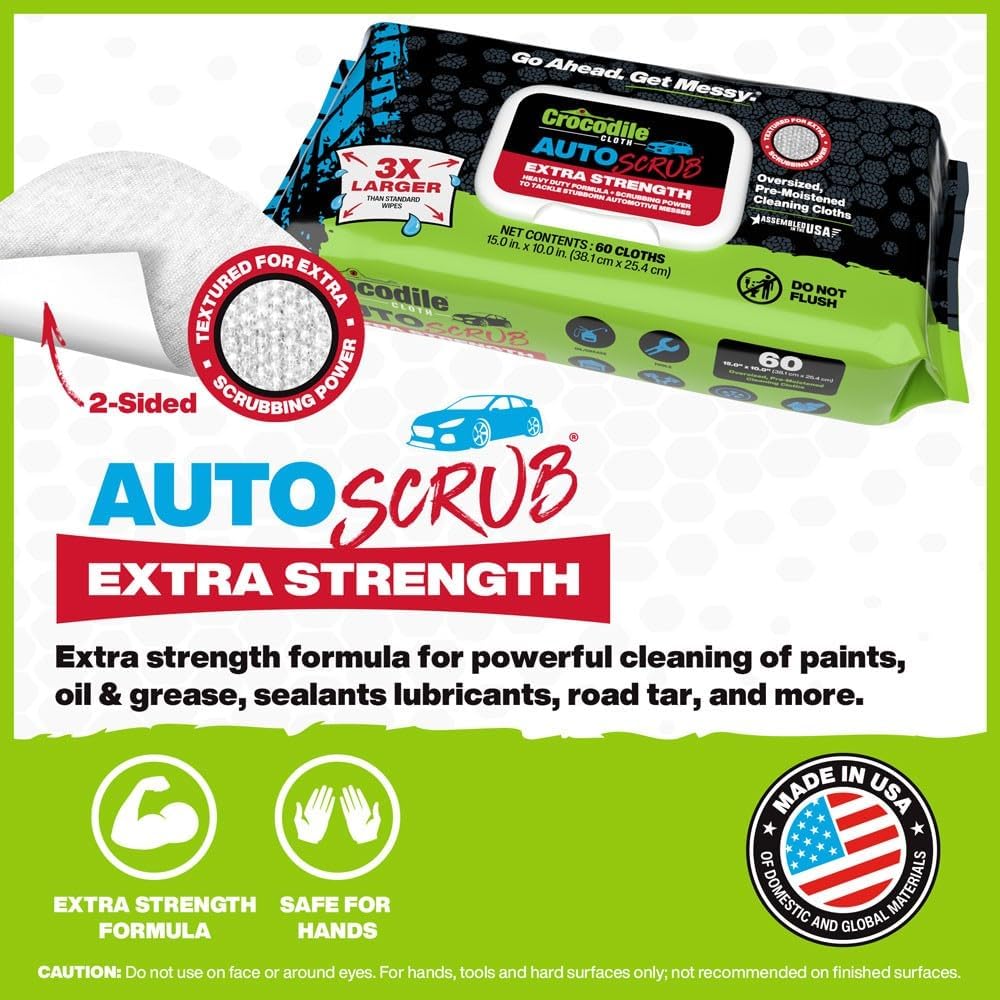 Crocodile Cloth AutoSCRUB Cleaning Wipes – 60-Count (15” x 10”) Cleaning Cloths Remove Oil, Grease, Paint, Tar, Brake Dust, Hydraulic Fluid, Silicone, Sealants & Road Grime from Tools & Hands
