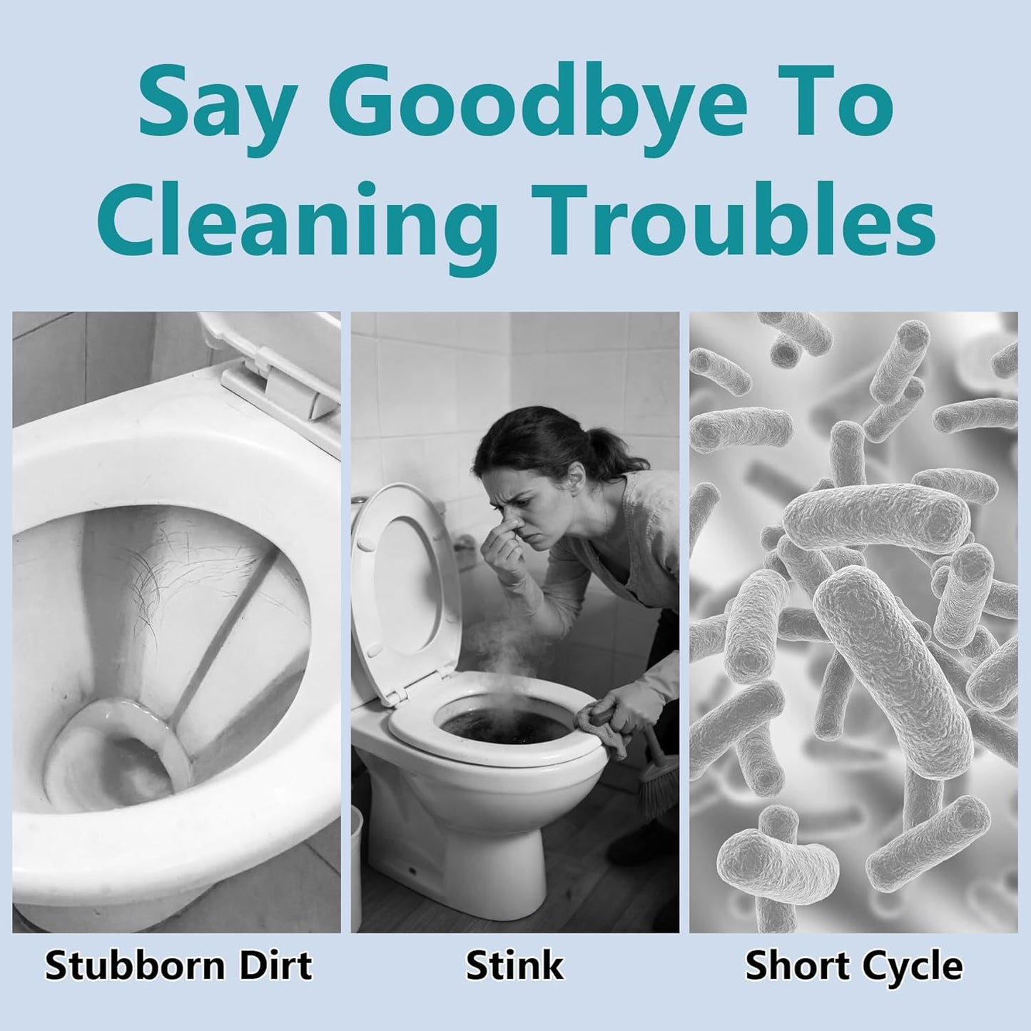 Automatic toilet bowl cleaner, odor removal Stain removal Makes toilet bowls look new with a light, fresh scent