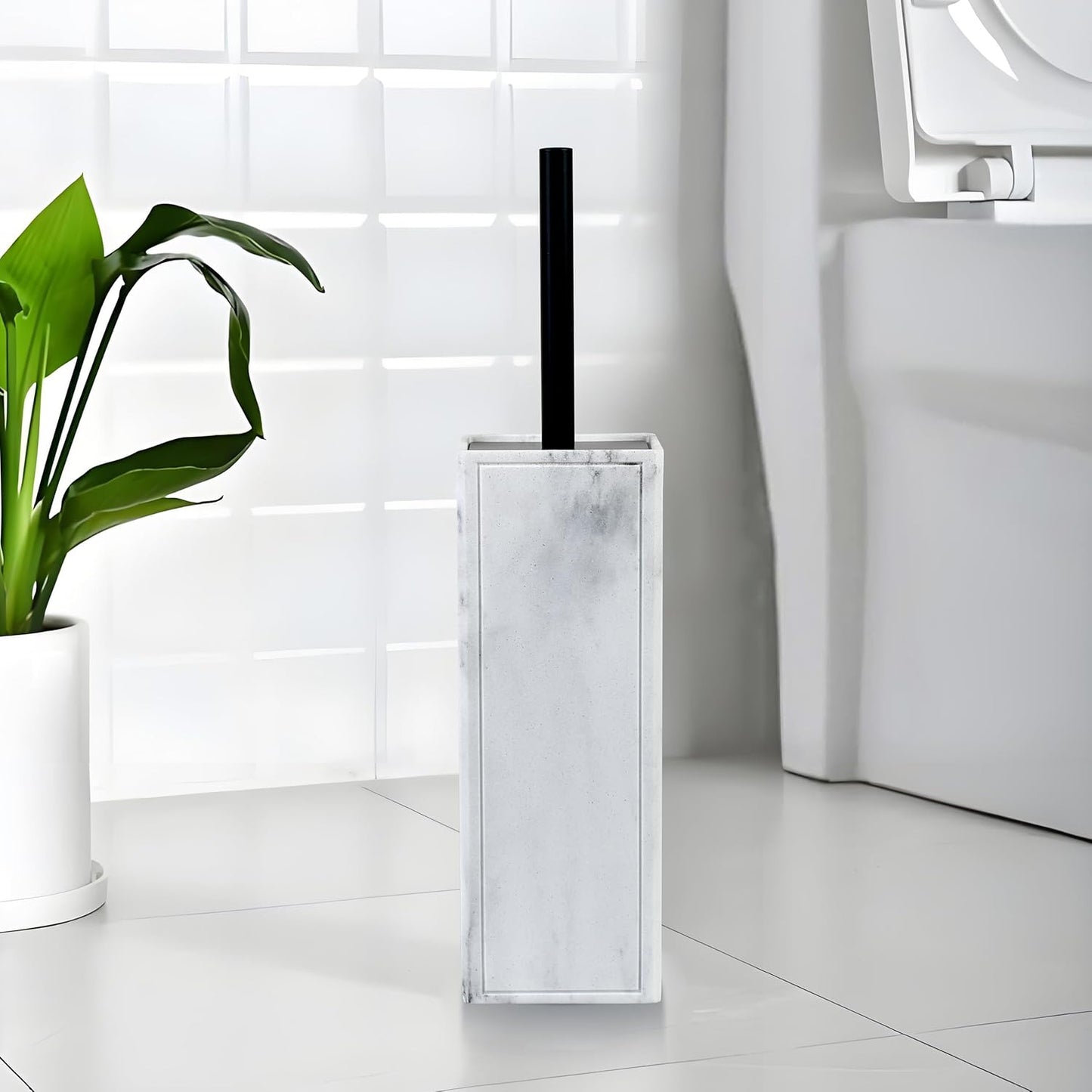 White Floral Branches Design Resin Toilet Bowl Brush and Holder Set, Elegant Bathroom Cleaning Tool with Durable Bristles, Compact and Functional