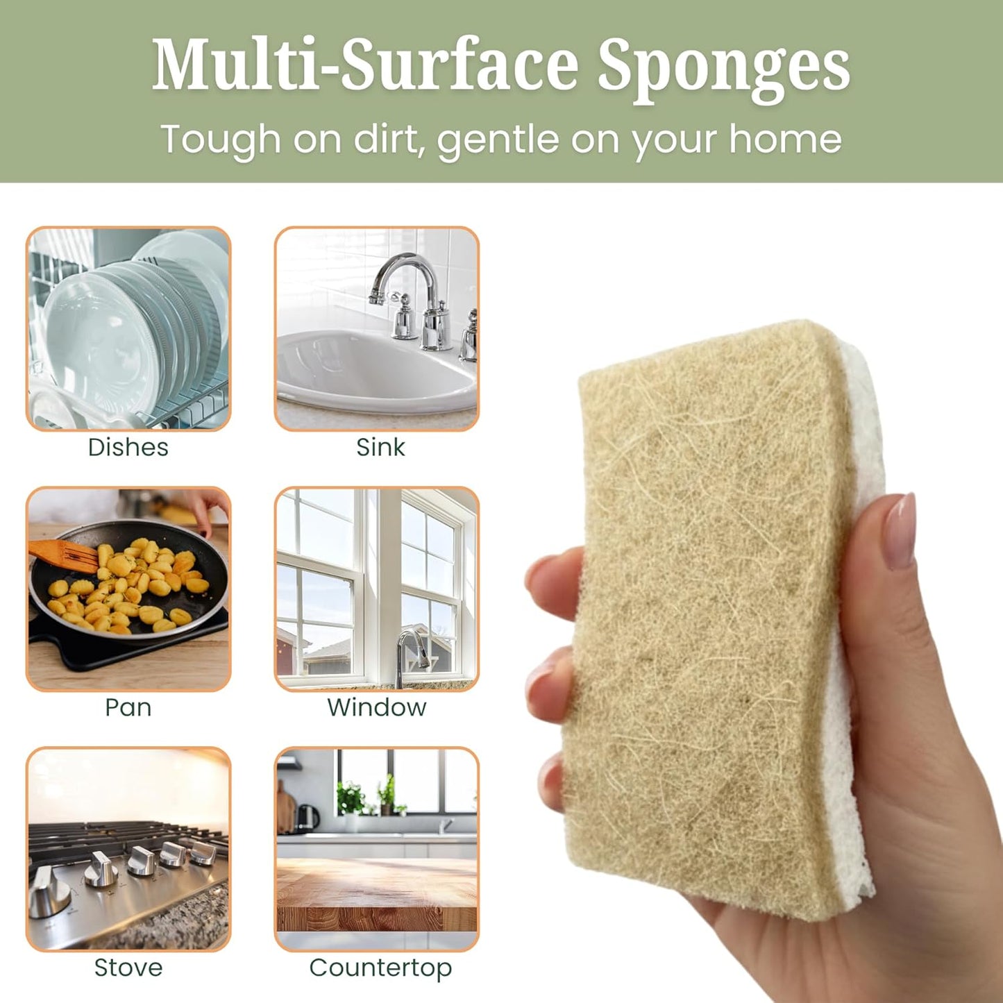 12 Pack Non-Scratch & Odor-Free Eco Sponges – Natural Biodegradable Cellulose & Coconut Fiber Kitchen Scrubbers – Compostable, Zero Waste Sponges for Dishwashing & Cleaning