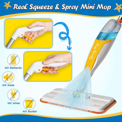Kids Spray Mop Toy - Real Working Toddler Cleaning Set with 420ML Water Bottle, Scraper & 2 Washable Pads, Montessori Housekeeping Cleaning Toy for Pretend Play
