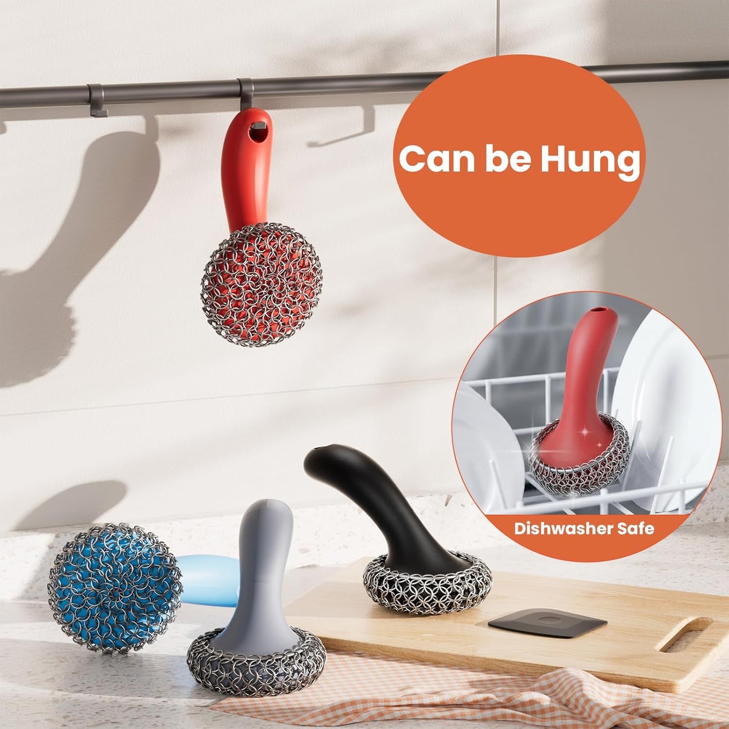 Cast Iron Scrubber with Long Handle | 316 Cast Iron Cleaner Chainmail Scrubber for Pan Skillet Cleaner - Dish Scouring Pad Dishwasher Safe Cleaning Kit (Blue, 1 Scrubber + 1 Scraper)
