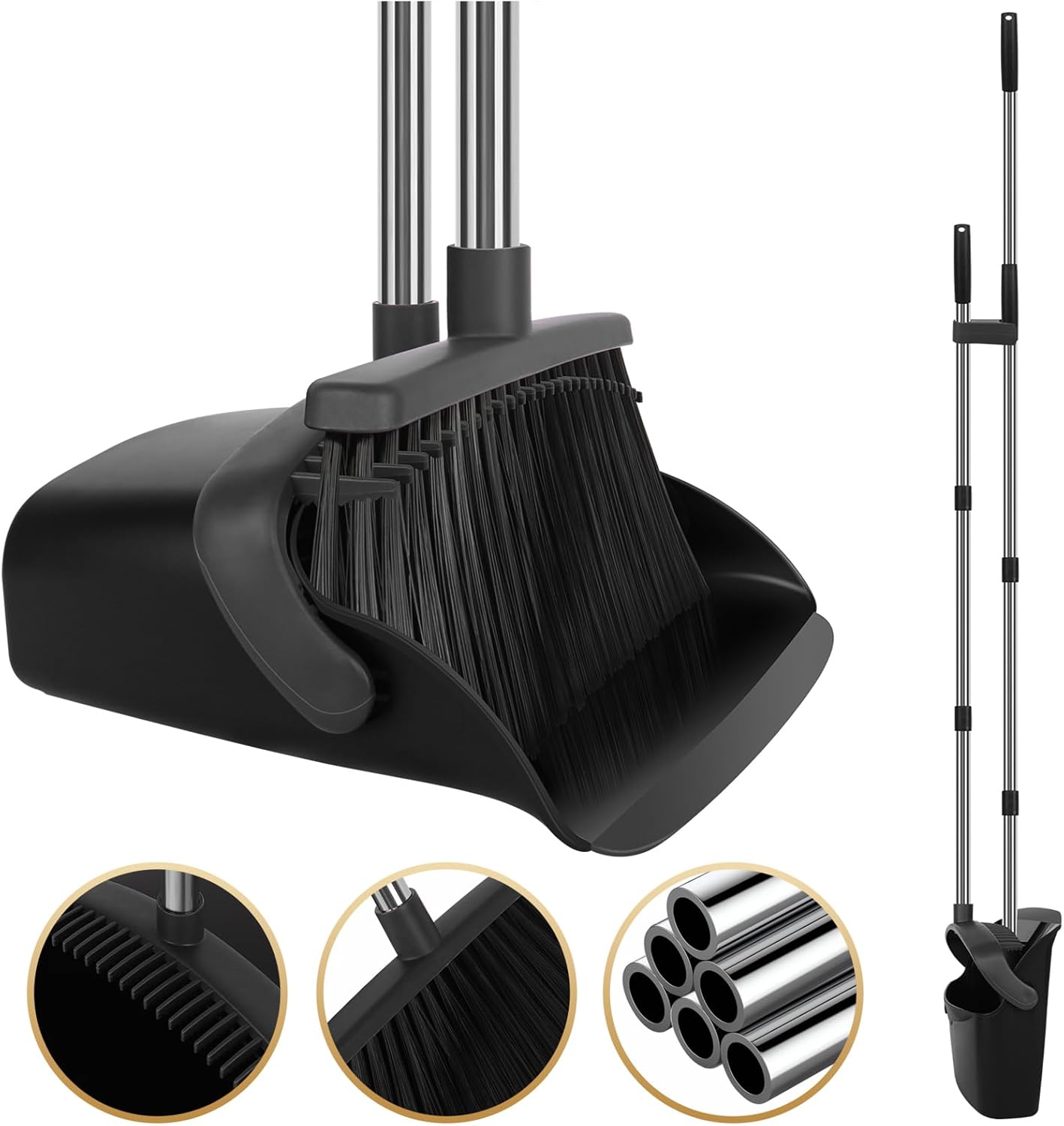 Broom and Dustpan Set, Upright Purple Broom with Dustpan Combo Set 51" Long Handle, Self Cleaning Dust Pan for Home, Kitchen and Office