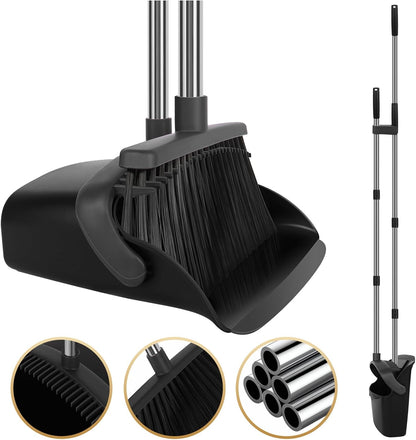 Broom and Dustpan Set, Upright Purple Broom with Dustpan Combo Set 51" Long Handle, Self Cleaning Dust Pan for Home, Kitchen and Office