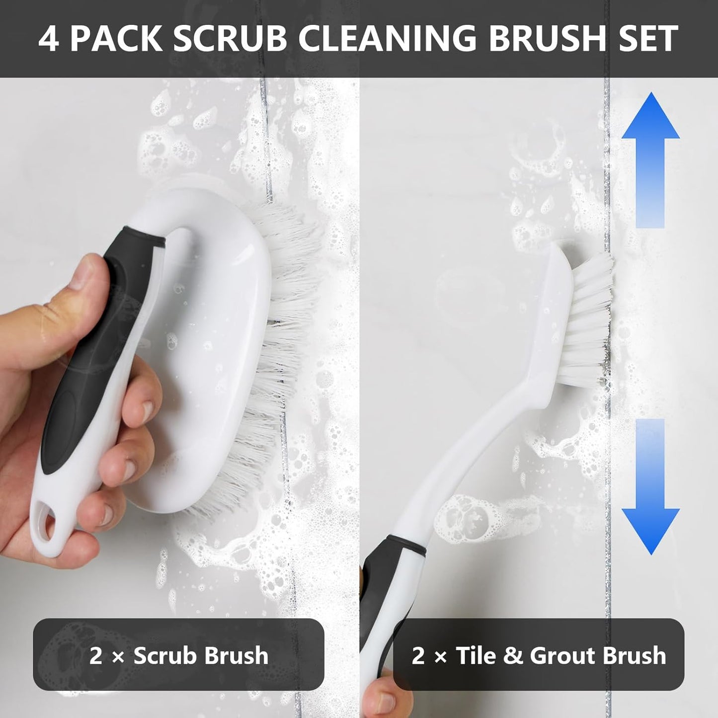 Scrub Brush Set, 4 Pack Deep Cleaning Brush Kit - 2 Scrub Brush, 2 Tile & Grout Brush with Built-in Scraper, Household Commercial Scrubber for Floor, Shower, Pool Wall, Tub (Green)