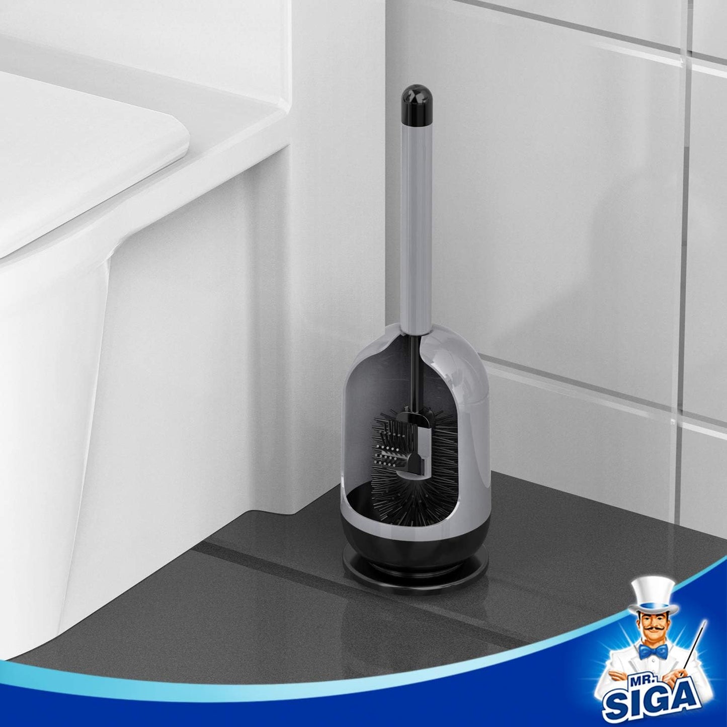 MR.SIGA Soft Bristle Toilet Brush with Holder, Gray & Black, 1Pack
