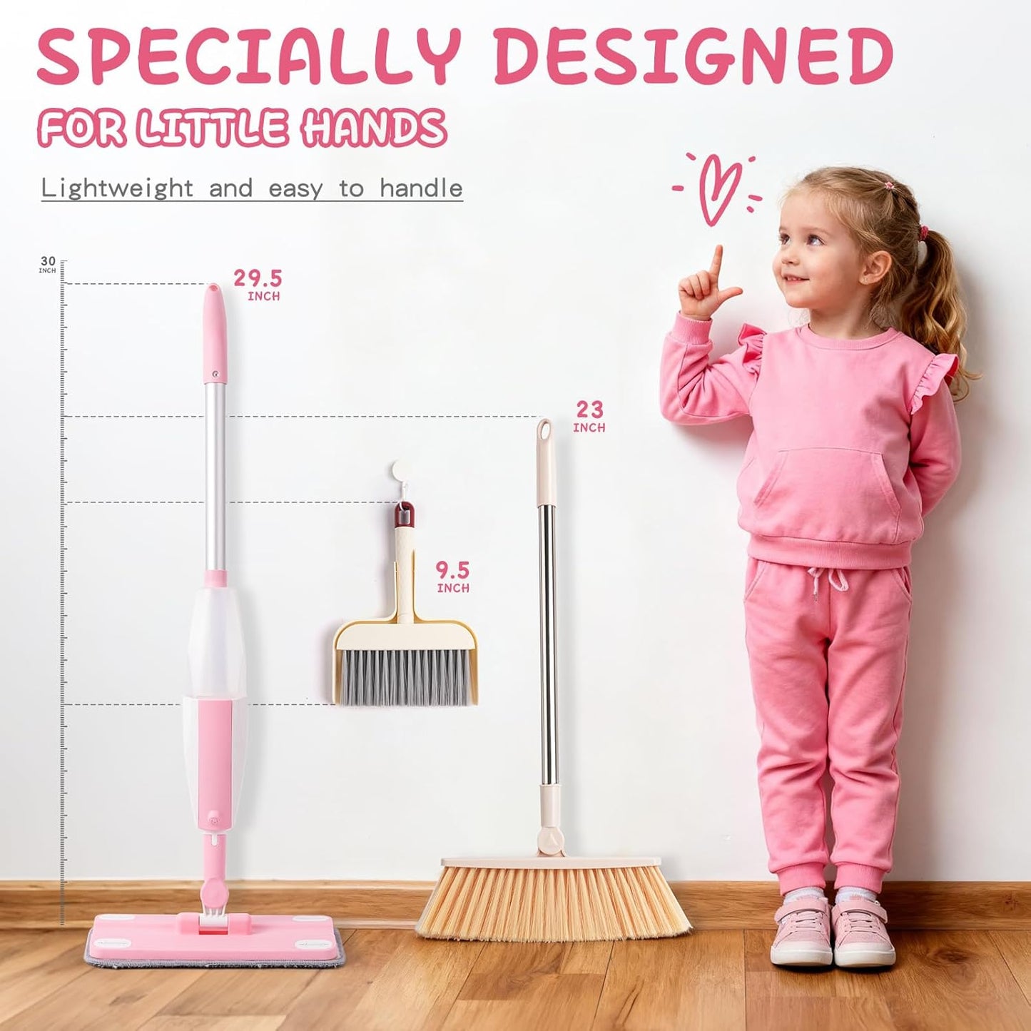 Hilsoeet Kids Spray Mop Pink, Real Working Water-Spraying Toy, Montessori Mini Mop with 2 Microfiber Washable Pads, Toddler Cleaning Set for Floor, Christmas Birthday Gifts for Age 3 4 5 6 7 8
