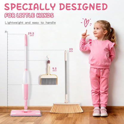 Hilsoeet Kids Spray Mop Pink, Real Working Water-Spraying Toy, Montessori Mini Mop with 2 Microfiber Washable Pads, Toddler Cleaning Set for Floor, Christmas Birthday Gifts for Age 3 4 5 6 7 8