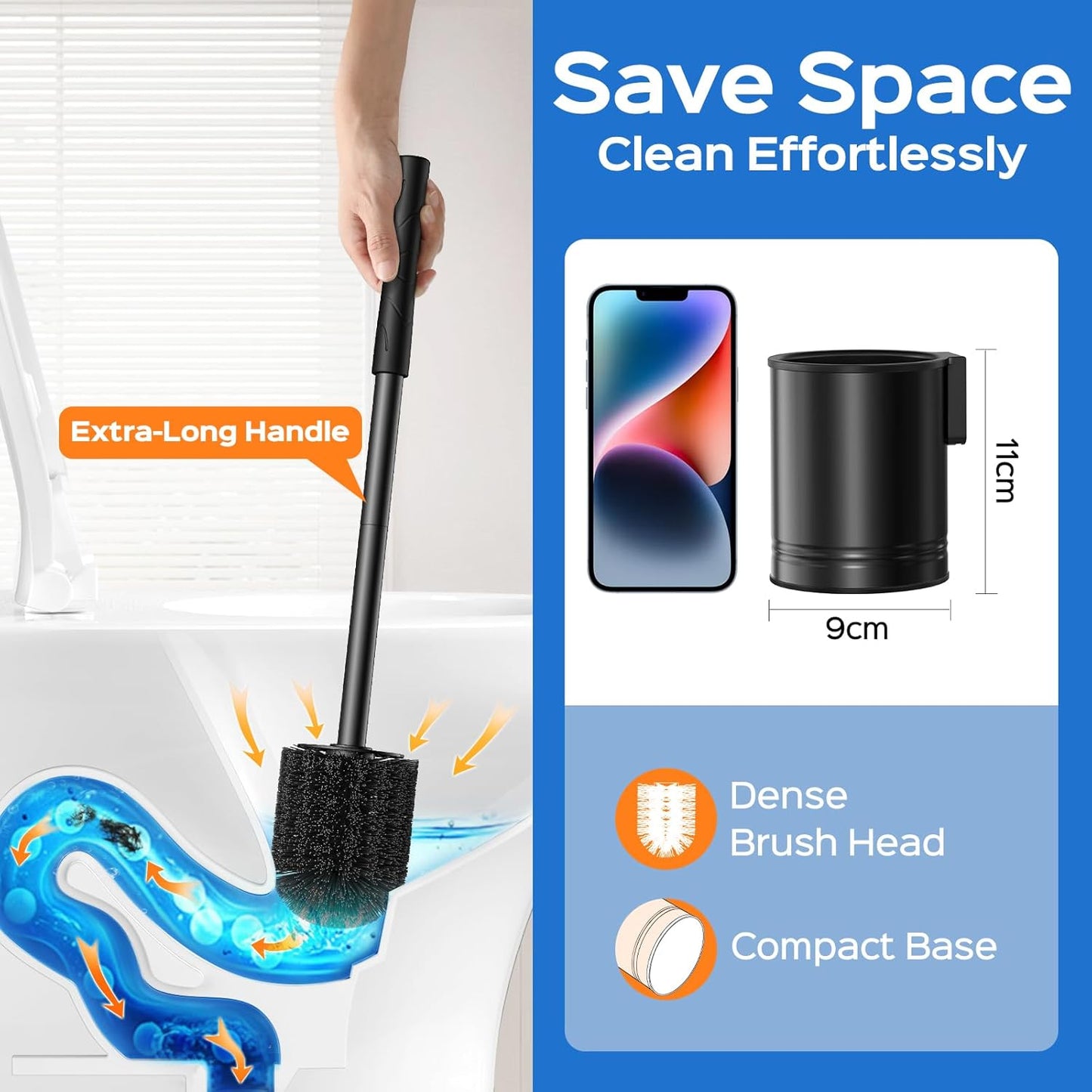 HAMITOR Toilet Bowl Brush Set: Compact Space-Saving Design with Hidden Holder for Small Bathrooms, Apartments & RVs - Bathroom Cleaning Accessories - Rustproof Toilet Scrubber Cleaner Kits Silver