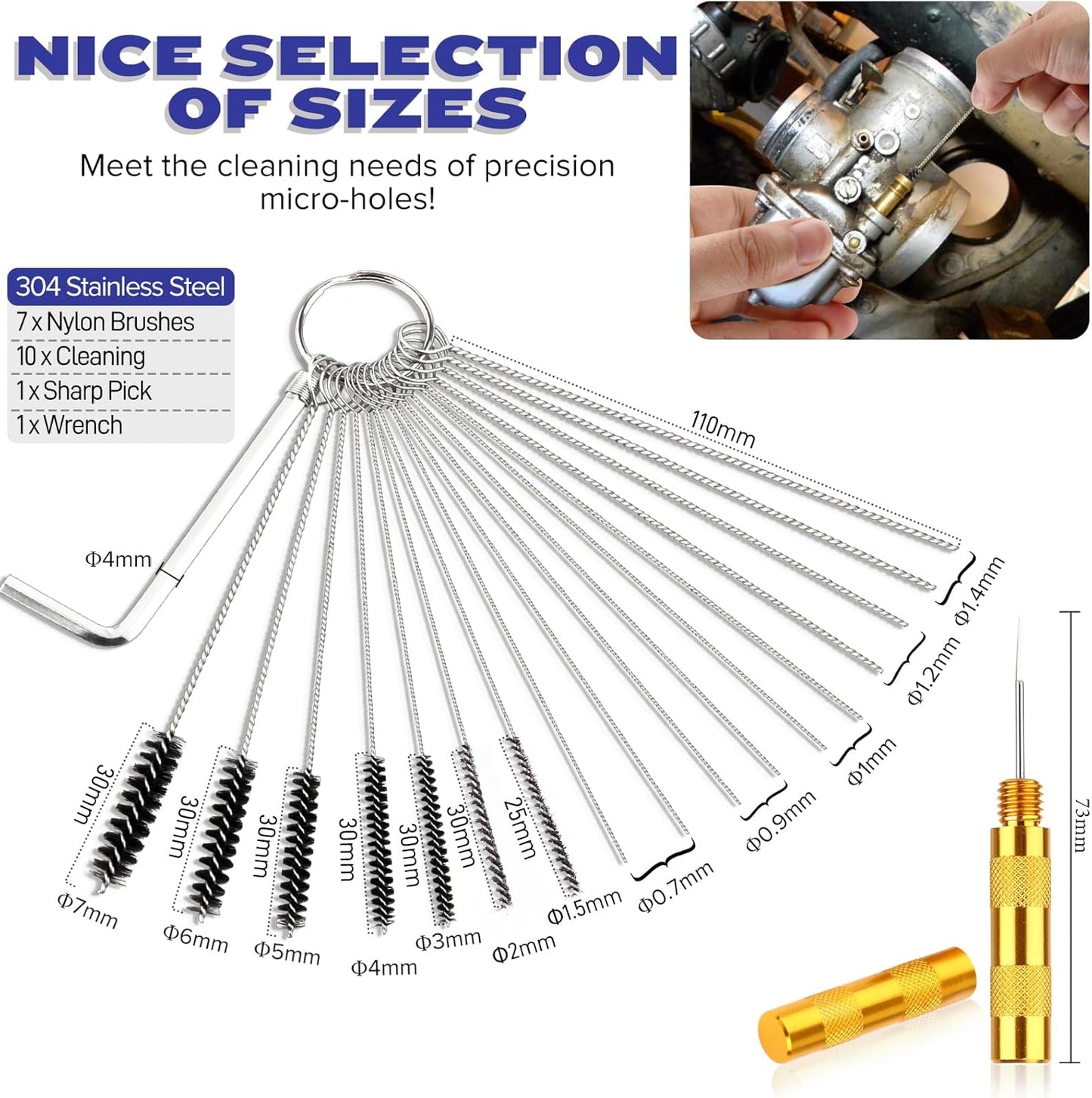 Valchoose Premium Torch Tip Cleaner, Stainless Steel Carburetor Cleaning Kit, Upgraded: Single Brush + 4 Hooks, Density Nylon for Motorcycle Jet Lawnmower Small Engine Welding Stove Airbrush Spray Gun