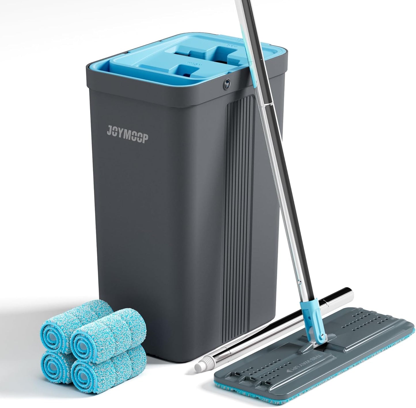 JOYMOOP Microfiber Flat Mop and Bucket System, Mops for Floor Cleaning and Wall Cleaner, Hardwood, Tile, Laminate, Vinyl Floors, Smooth Walls, and Glass Windows - 50" Flat Mop+1 Microfiber Pad[White]