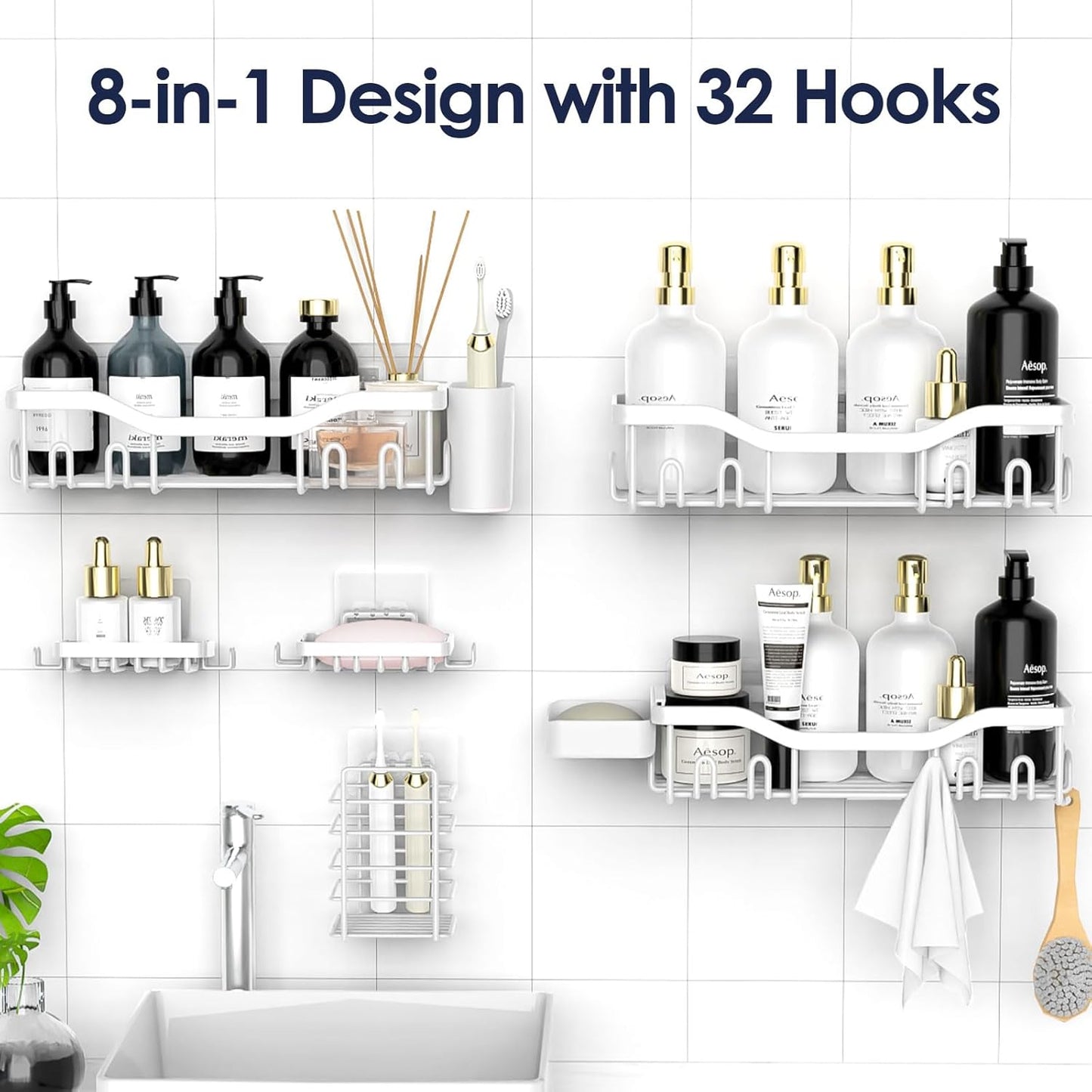 NESOMI Shower Caddy Adhesive Shower Organizer 7-Pack, Rustproof Stainless Steel Bathroom Shelves, Large Capacity No-Drill Rack Storage Accessories with Soap Dish Toothbrush Holder &24 Hooks Home Decor