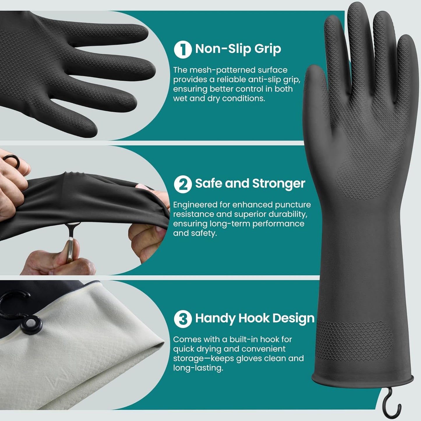 4 Pairs Rubber Dishwashing Gloves with Hanging Hooks - Reusable Cleaning Gloves for Kitchen & Household, Non-Slip, Durable and Flexible (Medium, 4 Colors)