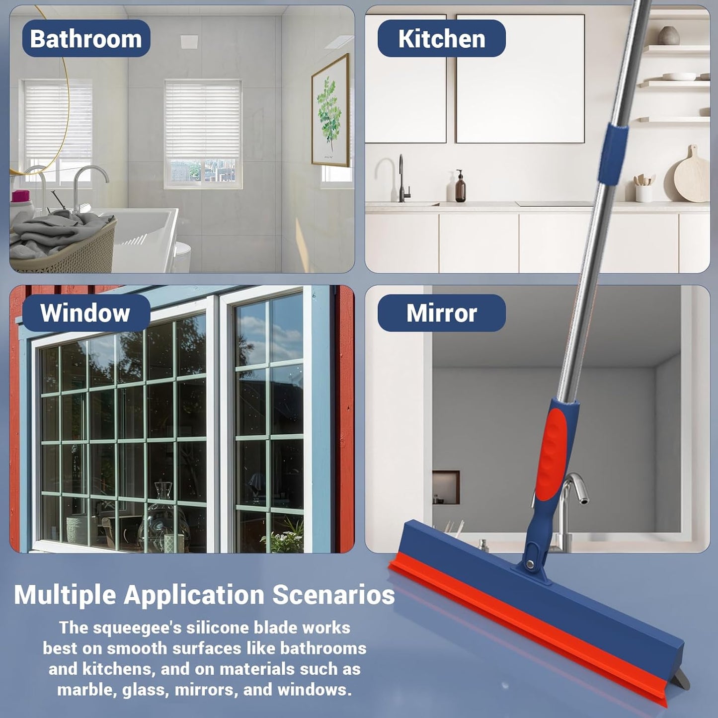 Floor Squeegee for Concrete Floor, 15.8" Large Heavy Duty Squeegee for Floor with 60" Adjustable Handle, 2-in-1 Silicone & EVA Blade for Garage,Concrete,Tile,Bathroom,Window Glass Cleaning