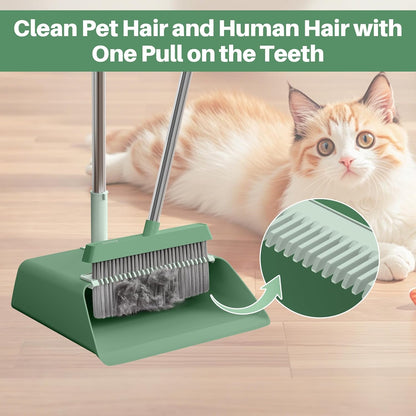 JOYMOOP White Broom and Dustpan Set, Upright Angle Design with Built-in Comb Teeth for Kitchen, Office, Pet Hair, Hard Floors