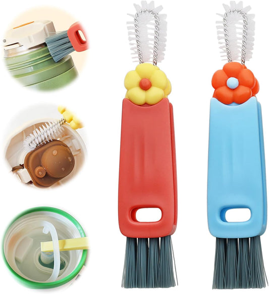 3 in 1 Multifunctional Cup Lid Gap Cleaning Brush Set, Portable Bottle Cleaning Brush, Home Kitchen Crevice Cleaning Tools for Bottles, Cups, and Tight Spaces, 2PCS (Red and Blue)