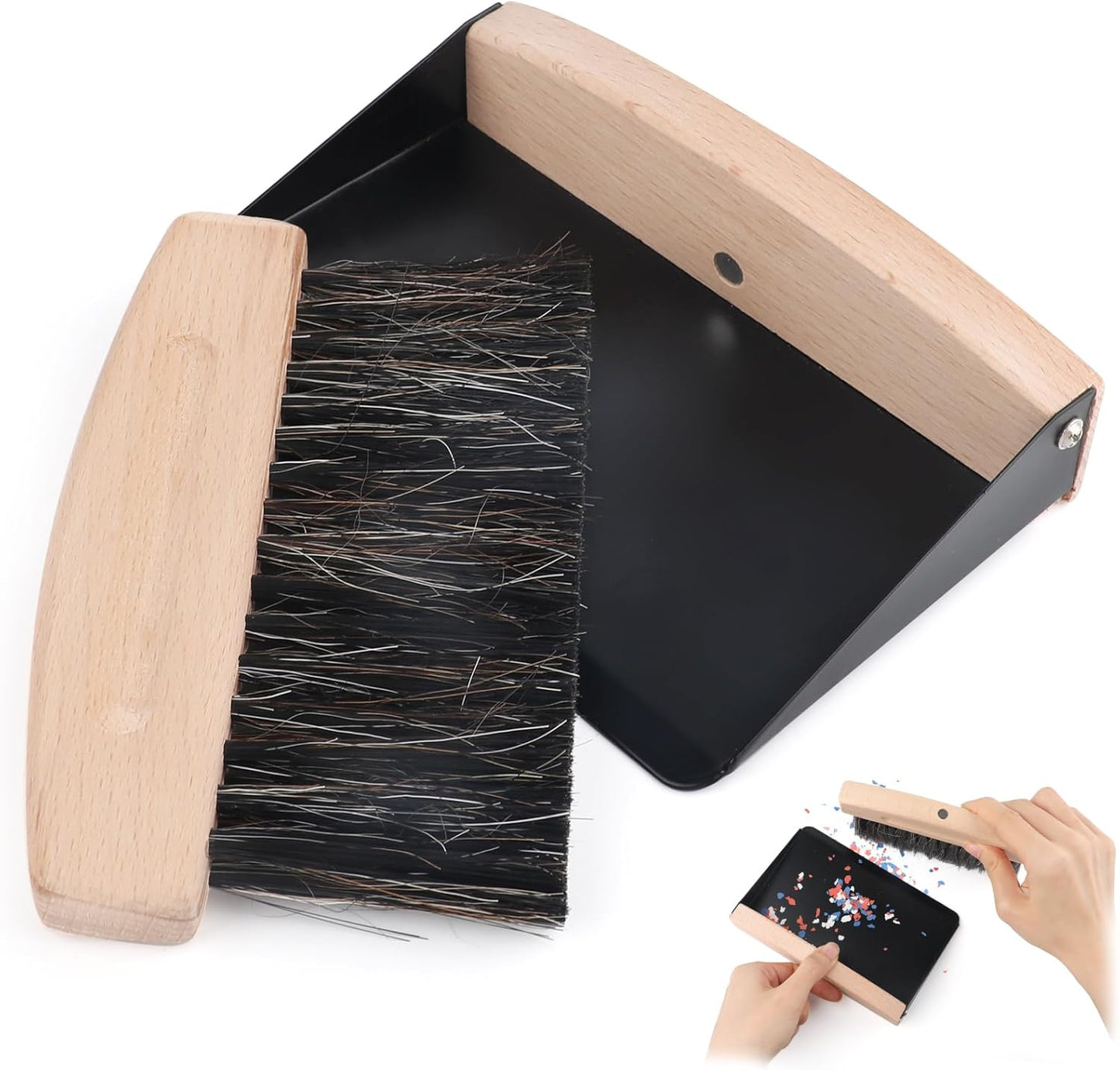 Small Dustpan and Brush Set with Wooden Handle,Mini Metal Crumb Sweeper for Countertops,Desk,Pet Hair,Car,Portable Cleaning Tools for Kitchen,Camping,Sofa (White)