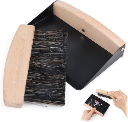 Small Dustpan and Brush Set with Wooden Handle,Mini Metal Crumb Sweeper for Countertops,Desk,Pet Hair,Car,Portable Cleaning Tools for Kitchen,Camping,Sofa (White)