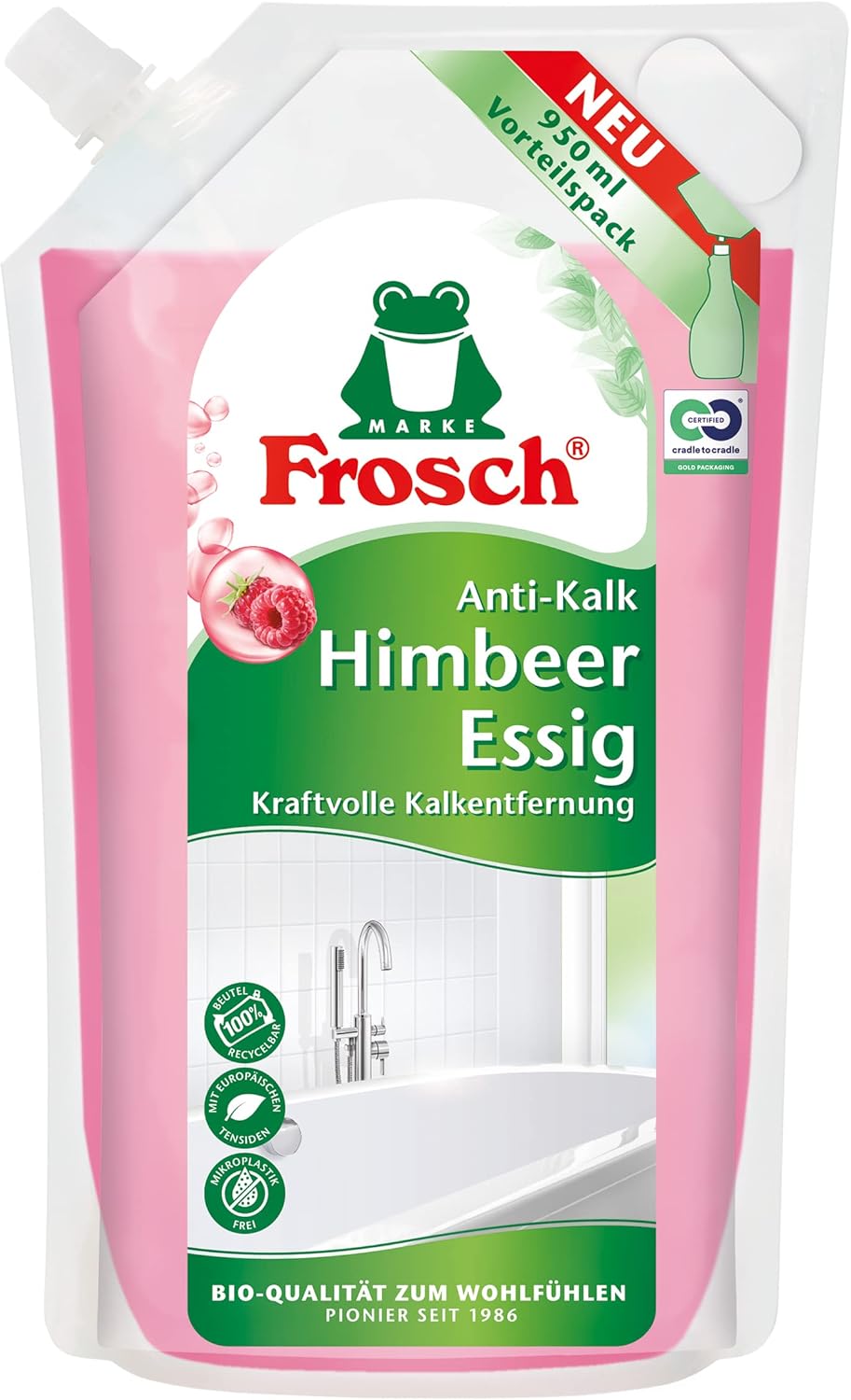 Frosch Raspberry Vinegar Anti-limescale Cleaner, Power Cleaner - Extra Strong Against Dirt and Limescale for Kitchen and Bathroom in Refill Bag 1 Pack (1 x 950 ml)