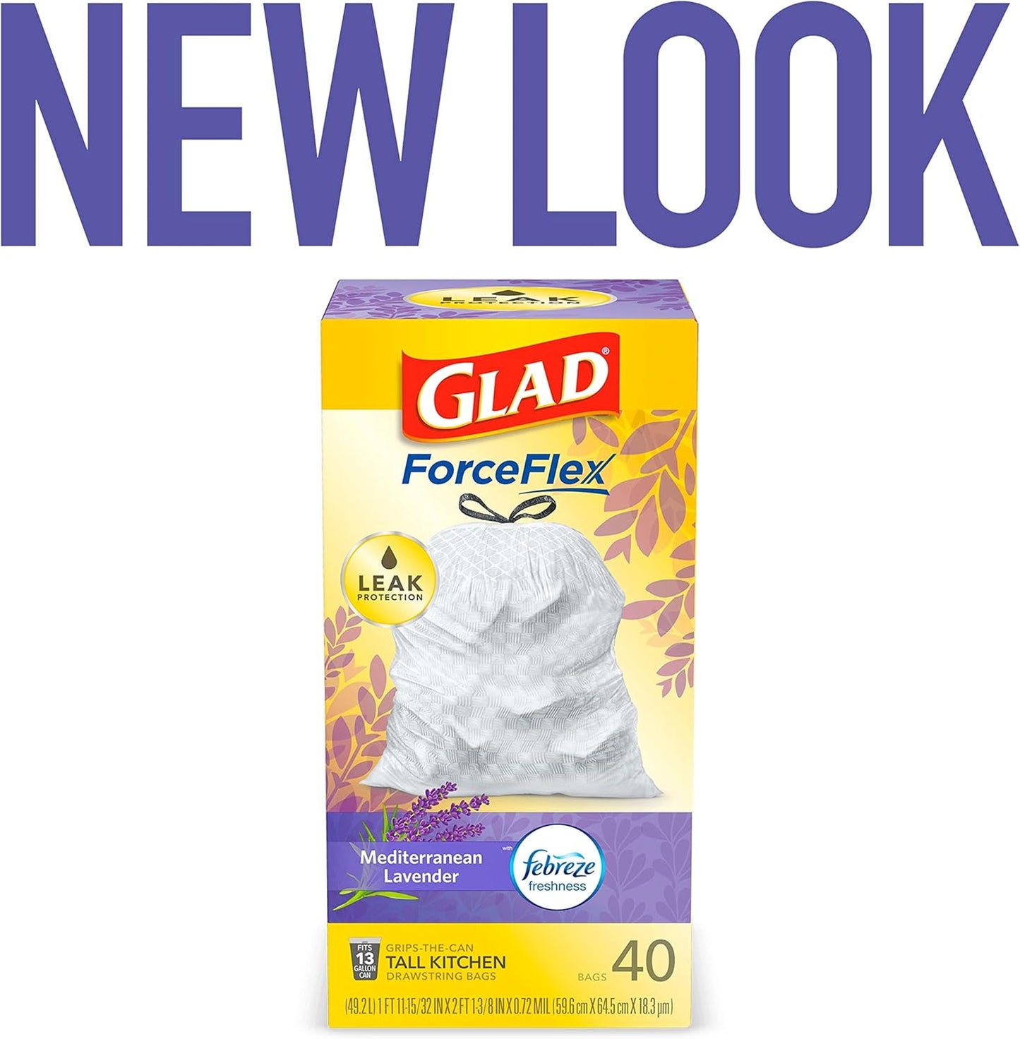 Glad ForceFlex Tall Kitchen Trash Bags, 13 Gal, Gain Lavender with Febreze, 110 Ct (Pack May Vary)