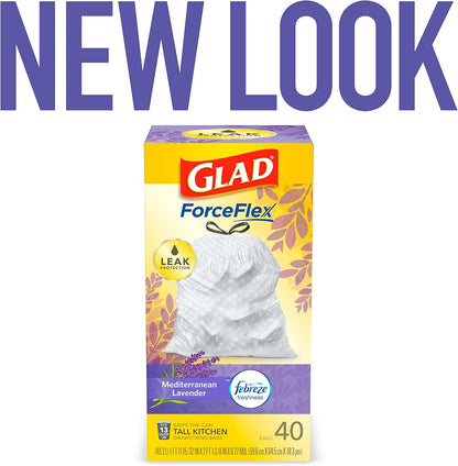 Glad ForceFlex Tall Kitchen Trash Bags, 13 Gal, Gain Lavender with Febreze, 110 Ct (Pack May Vary)