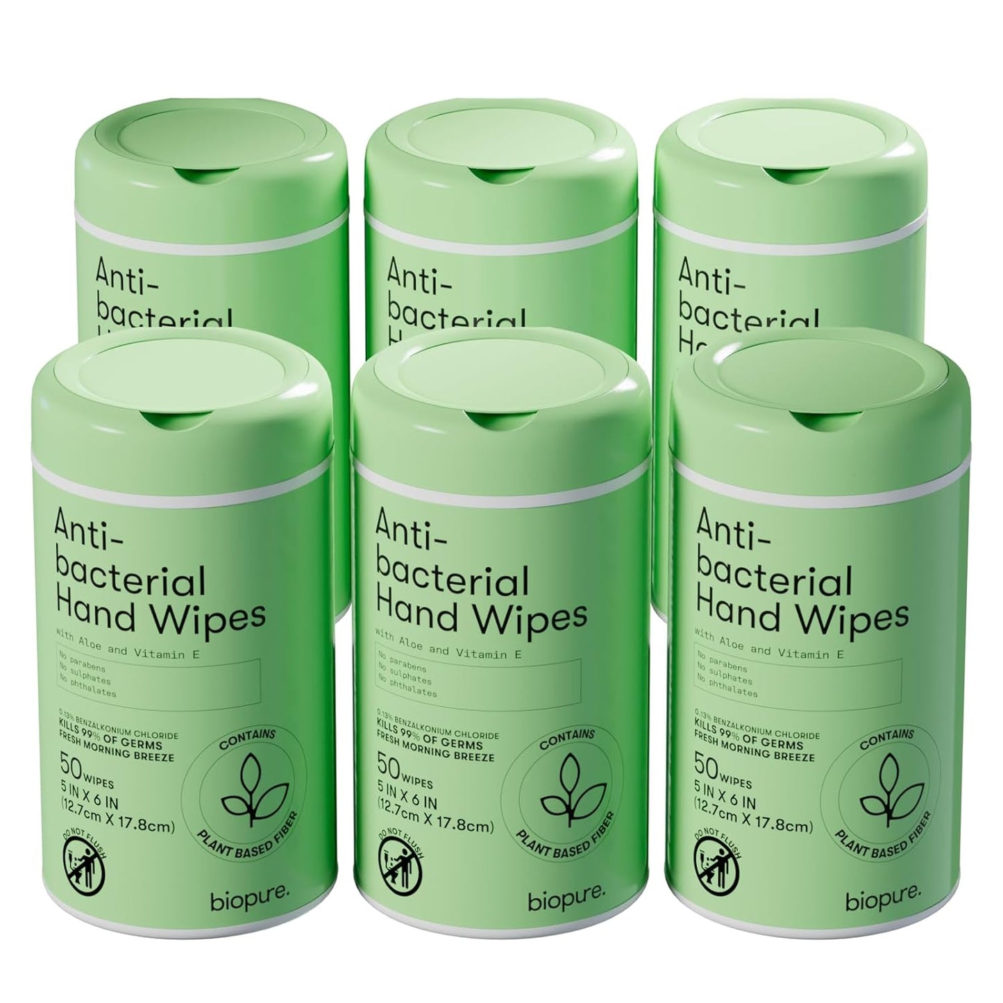 Biopure Antibacterial Hand Wipes Fresh Morning Breeze- Antibacterial Wipes with Aloe and Vitamin E Formula | 5"x7" Wet Wipes Canister | No Parabens, Sulfates or Phthalates, Kills 99% of Germs, 50 ct