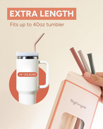 Nightingale Reusable Silicone Straws - Bendy Drinking Straw with Cleaning Brush - Collapsible and Bendable Travel Straw for Kids - Dishwasher Safe, Food-Safe - Set of 6 (Oak Multi)