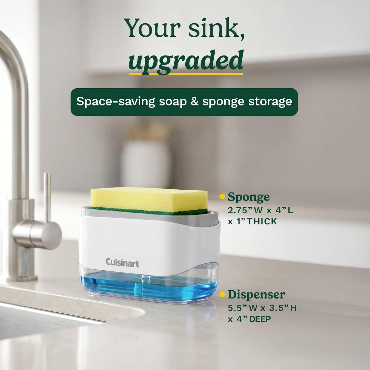 Cuisinart 2-in-1 Dish Soap Dispenser with Sponge Holder and Sponge for Kitchen Sink – Soap Pump Organizer Set with Tray, Countertop Caddy for Dishes, Dishwashing Liquid Dispenser, Sink Essentials