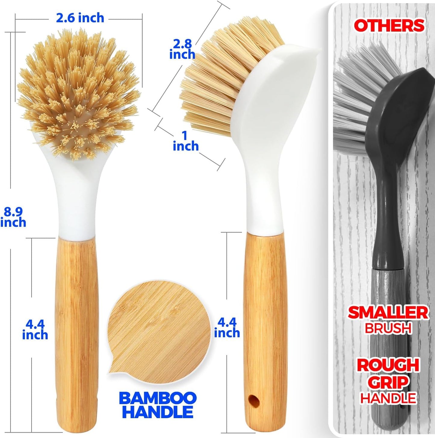 Holikme 3 Pack Dish Brush Set with Bamboo Handle, Kitchen Brushes for Cleaning Pot, Sink and Stove, Skillet Scrubber with Tough Bristles for Cast Iron Grill Pan, Yellow White Black