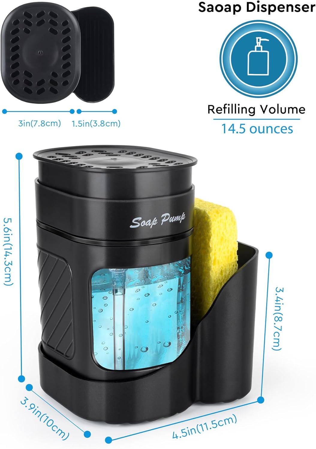 Kitchen Dish Soap Dispenser with Sponge Holder, 3-in-1 Countertop Dishwashing Soap Pump Dispenser Set for Kitchen Sink, Useful Kitchen Gadgets - Black