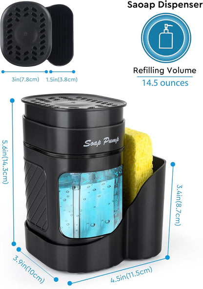 Kitchen Dish Soap Dispenser with Sponge Holder, 3-in-1 Countertop Dishwashing Soap Pump Dispenser Set for Kitchen Sink, Useful Kitchen Gadgets - Black