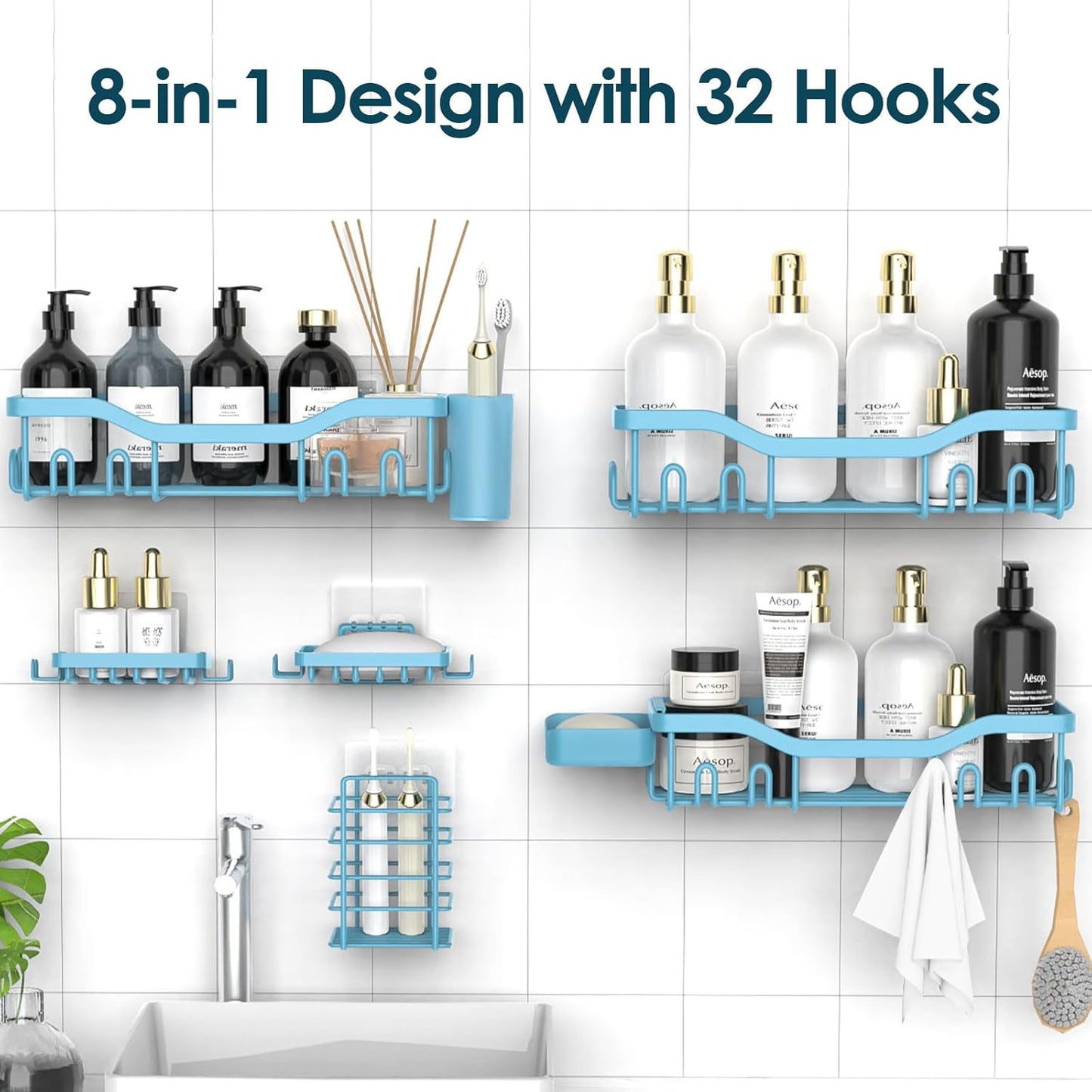 NESOMI Shower Caddy Adhesive Shower Organizer 7-Pack, Rustproof Stainless Steel Bathroom Shelves, Large Capacity No-Drill Rack Storage Accessories with Soap Dish Toothbrush Holder &24 Hooks Home Decor