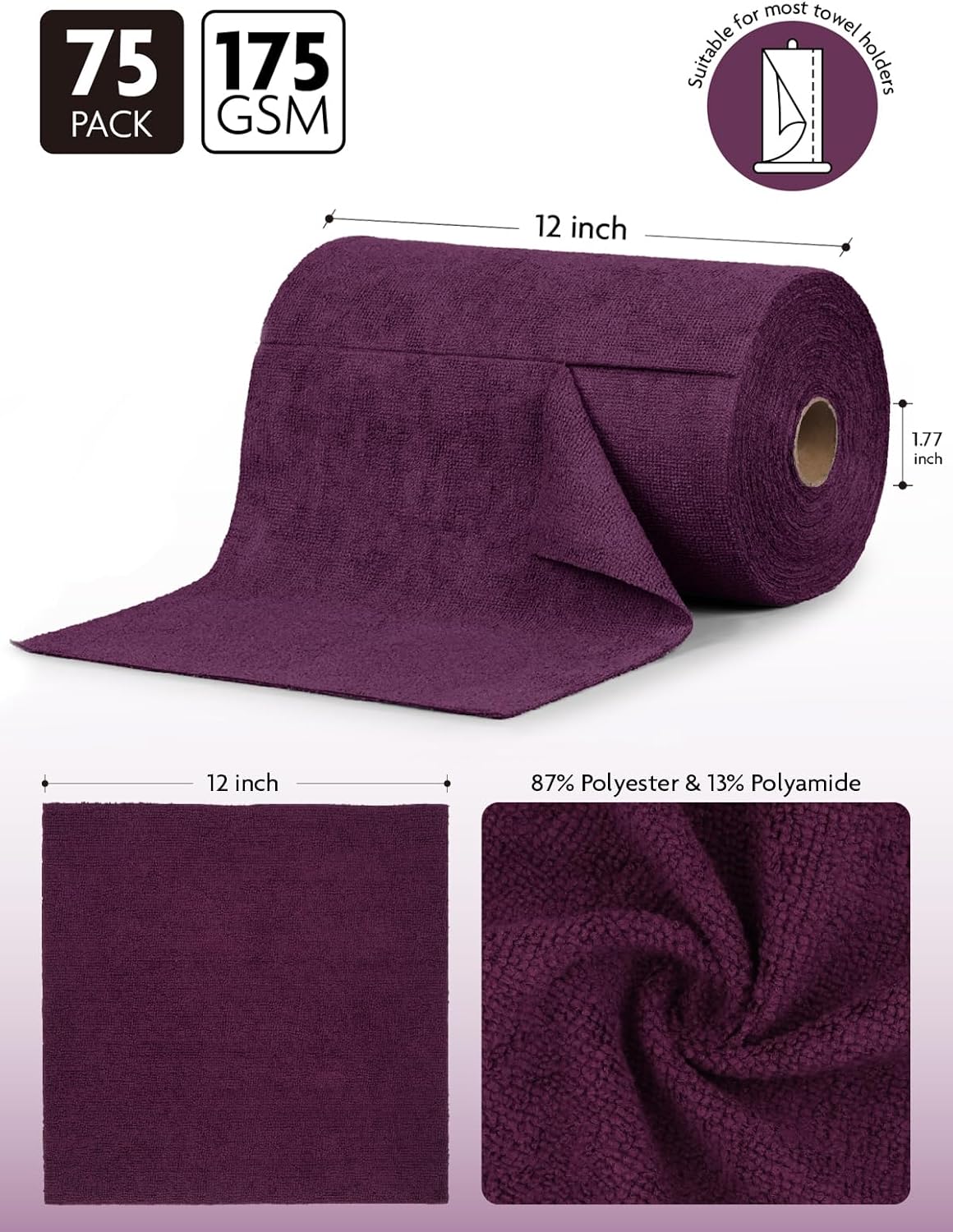 Fantasticlean Microfiber Cleaning Cloth Roll -75 Pack, Tear Away Microfiber Towels, 12" x 12", Reusable, Washable, Scratch Free, Ultra Absorbent Dishcloth for All-Around Cleaning Supplies (White)