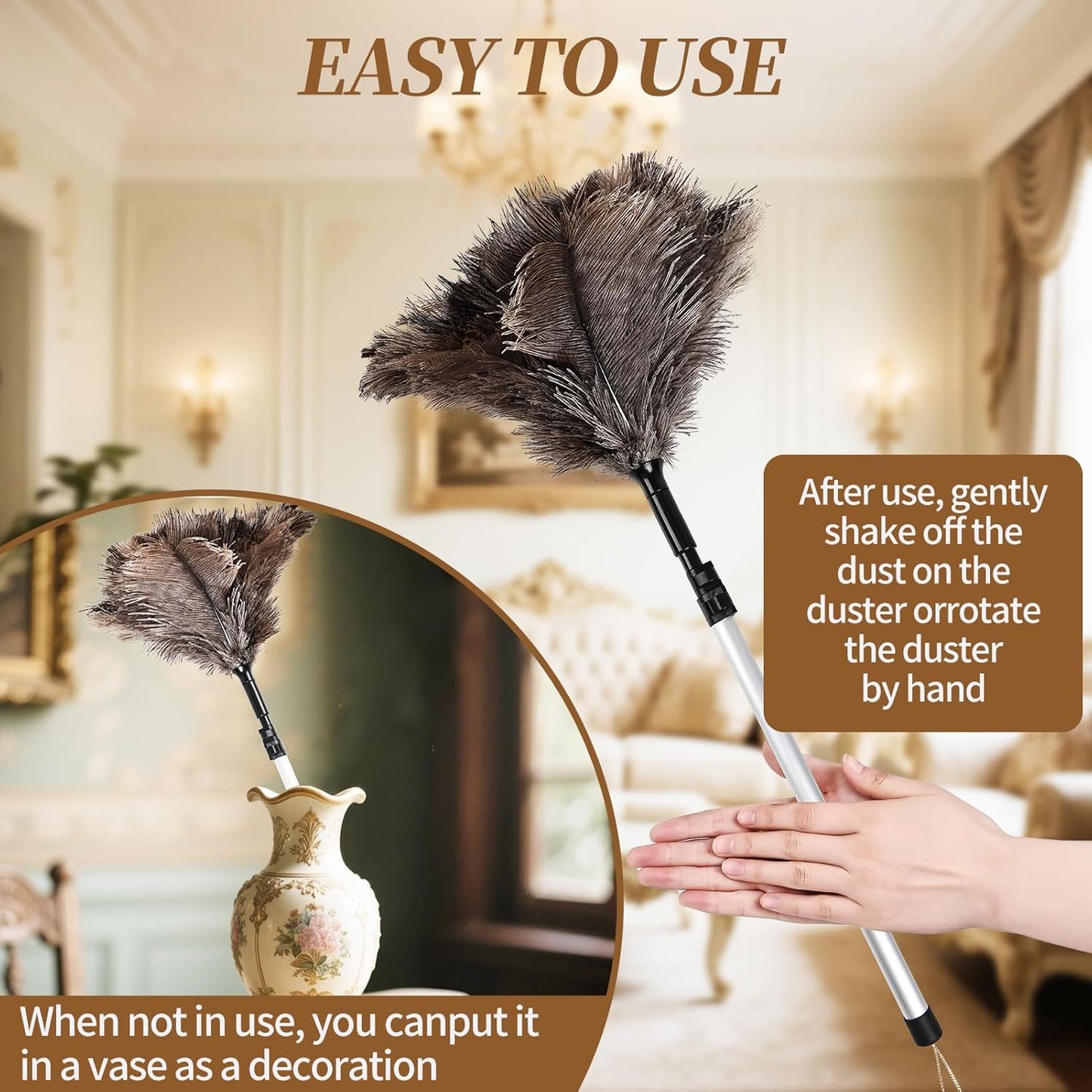 Natural Ostrich Feather Duster 14.9 inch Fluffy Mini Dusters with Plastic Handheld for Cleaning Car Keyboard Office 1 Pcs