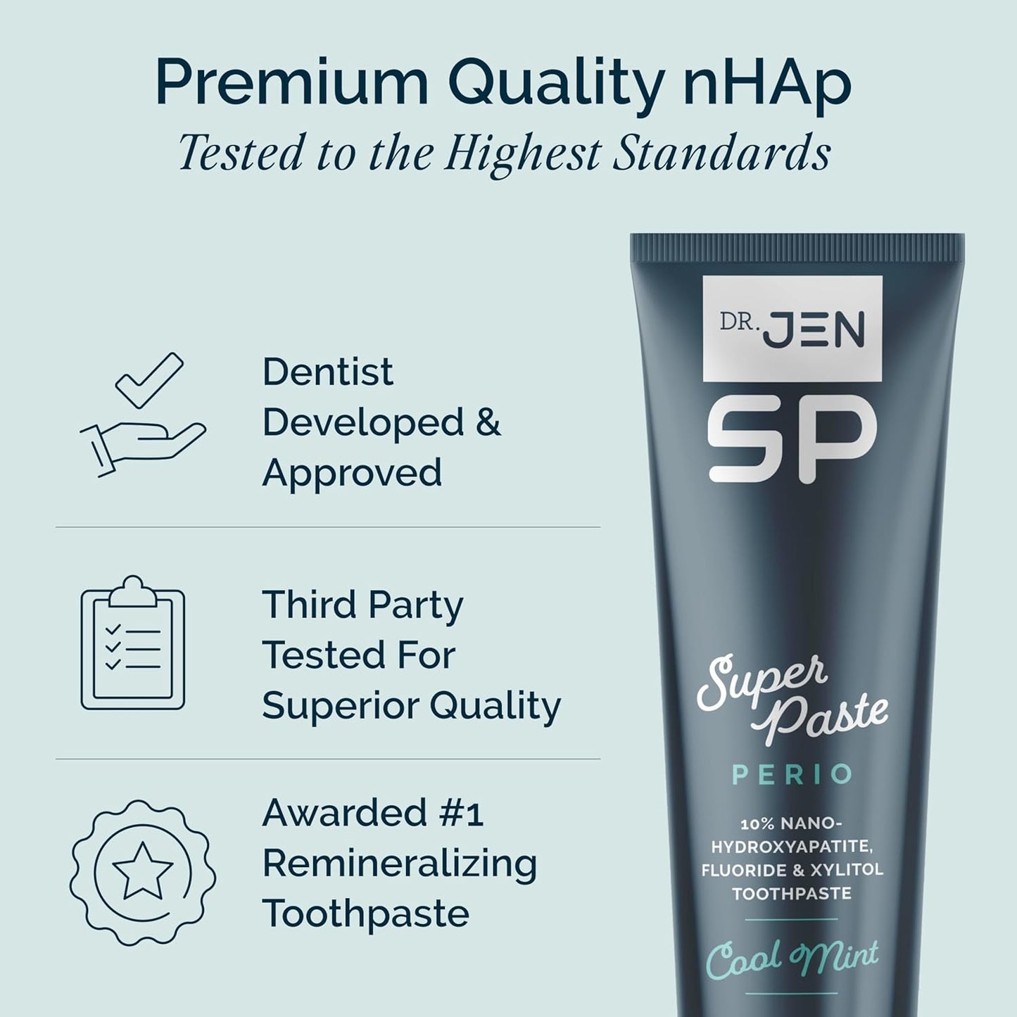 Dr. Jen Super Paste Perio Toothpaste, Cool Mint, Fluoride + 10% Premium Nano Hydroxyapatite, Xylitol, SLS Free, Low Abrasivity, Aloe + Calendula, Dentist Designed, Fresh Clean Feel, 1 Pack