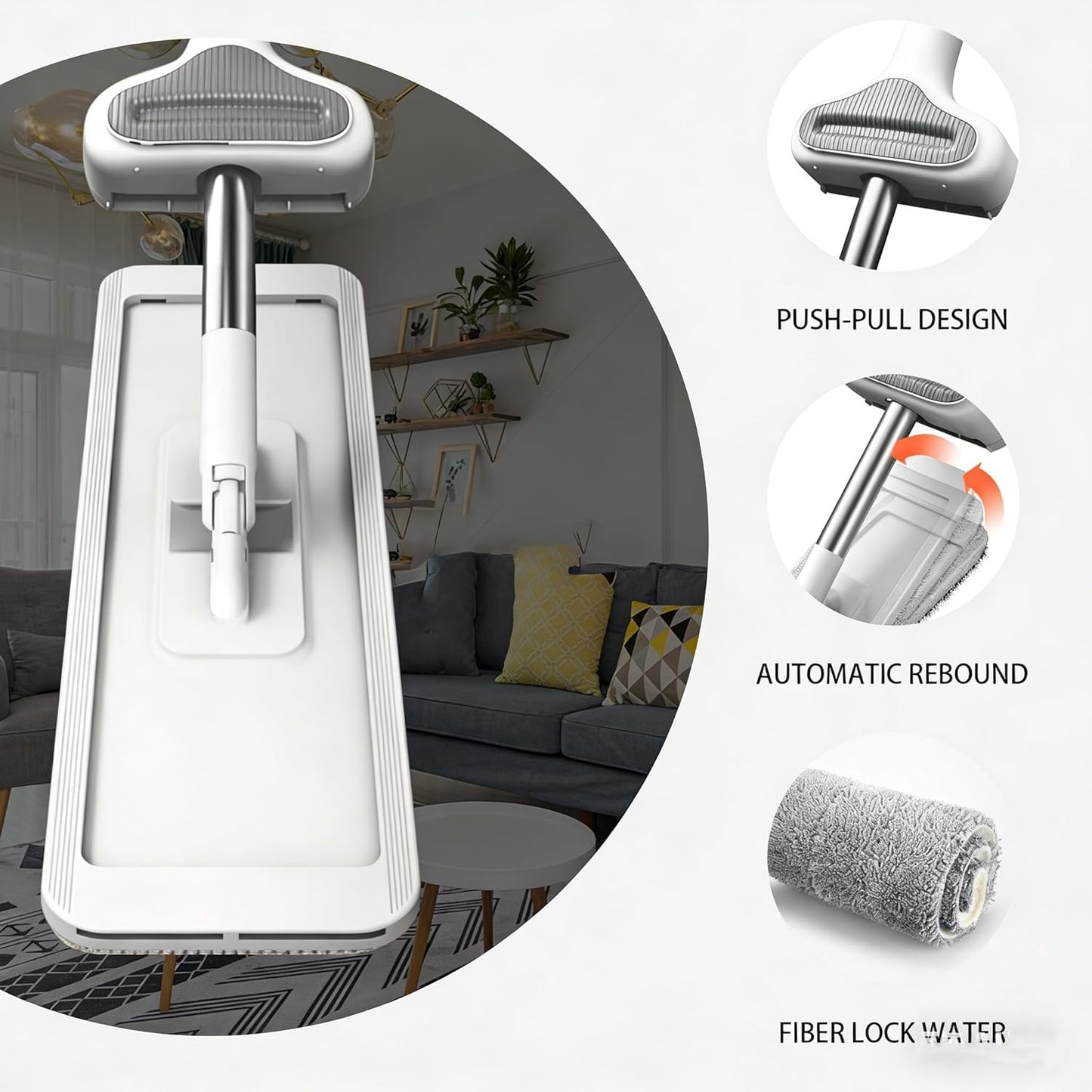 Hands-Free Self Wringing Flat Mop - Microfiber Floor Cleaning Tool with Washable Pads, Scrub Brush, Squeegee (1 Mop+6 Pads+1 Brush+1 Glass Wiper)