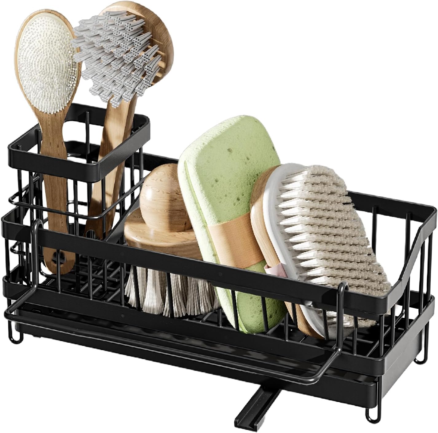 Sponge Holder for Kitchen Sink,Sink Caddy Organizer with Removable Brush Holder,Kitchen Countertop Soap Dispenser Storage with Detachable Towel Rack,Black