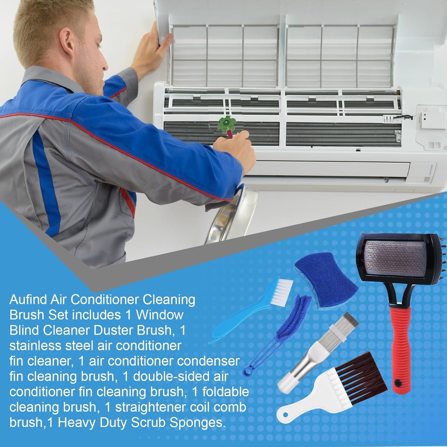 Aufind 7 PCS Different Air Conditioner Fin Cleaner kit, Brush Condenser Ac Coil Cleaner Air Refrigerator Fin Cleaner Evaporator Radiator Repair Clean Tool (Yellow)