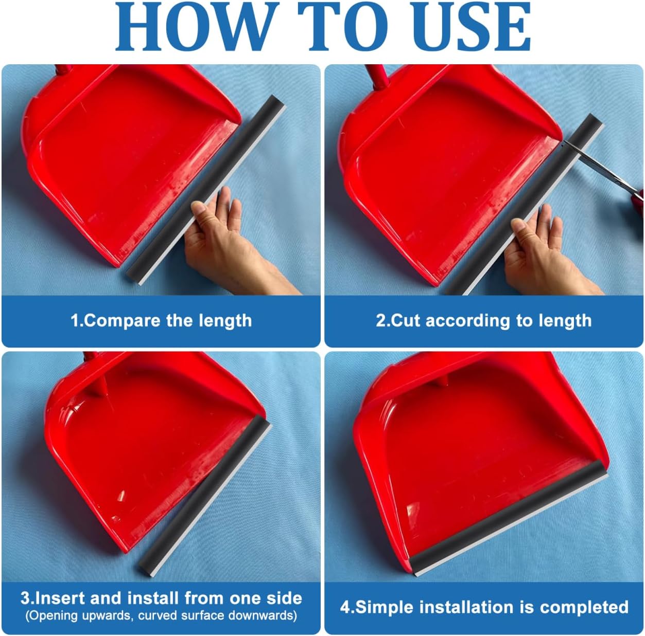 Angoily 4Pcs Dustpan Rubber Strip, 10.23" Dust Pan Lip Replacement, Silicone Edge Protectors, Black Refill Insert for Broom Sweeping Garbage Shovel