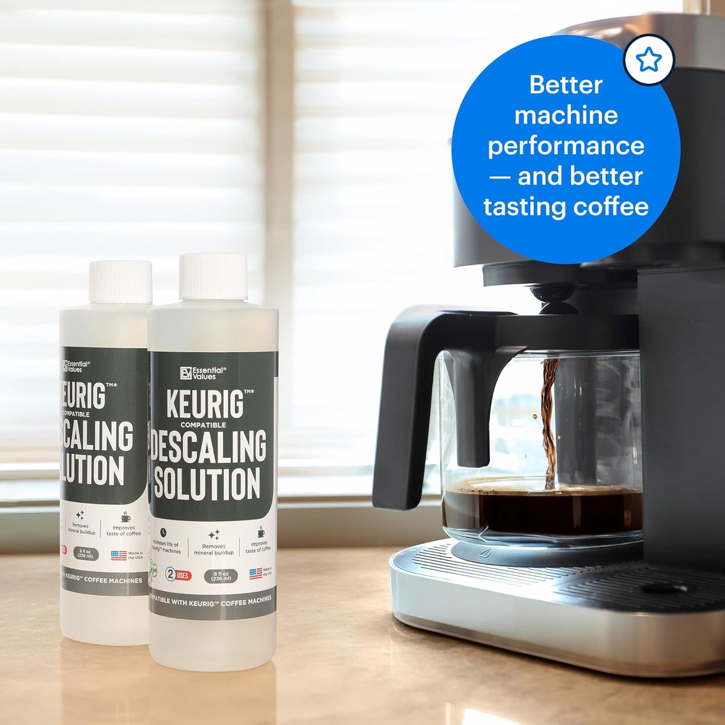 Essential Values Descaling Solution (8 fl oz / 236 ml) – Coffee Maker Cleaner for Nespresso, Keurig, Breville & More – Works on All Machines & Espresso Makers – Made in USA