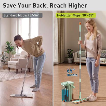HoMettler 3-Tank Transparent Mop and Bucket Set with Separate Dirty & Clean Water, 65" Flat Mop for Floor Cleaning, 4 Machine Washable Microfiber Pads for Wood Tile - Green