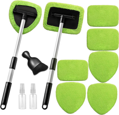 Qydipclin 11pcs Windshield Cleaner Tool, Car Window Cleaning Wash Kit with 6 Reusable Microfiber Pads 2 Spray Bottles and Extendable Handles Auto Glass Wiper Kit, Blue