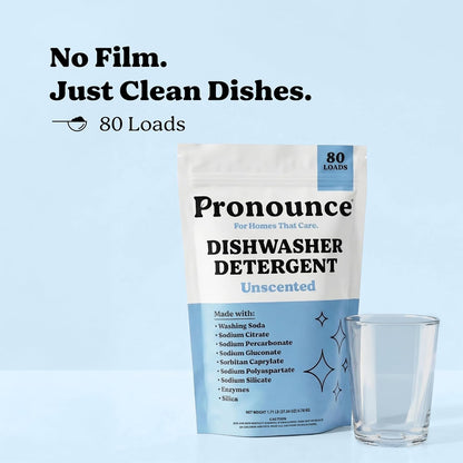 Pronounce Dishwasher Detergent Powder - Cleaner Ingredients, Fragrance Free - Ultra Concentrated, Cuts Grease and Grime, Dishwasher Pods Alternative (Residue-Free). (80 Loads, Unscented)