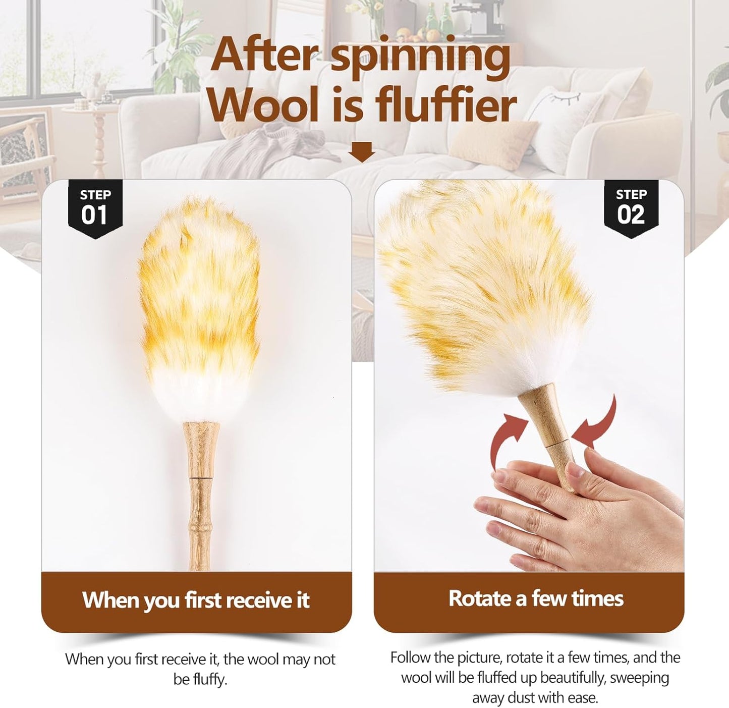 Lambswool Duster for Cleaning with Solid Wooden Handle Leather Hang Strap 87.8" Removable Retractable Feather Duster for Cleaning Ceiling Fans Window Blinds Interior Roof Furniture(2 Pack)
